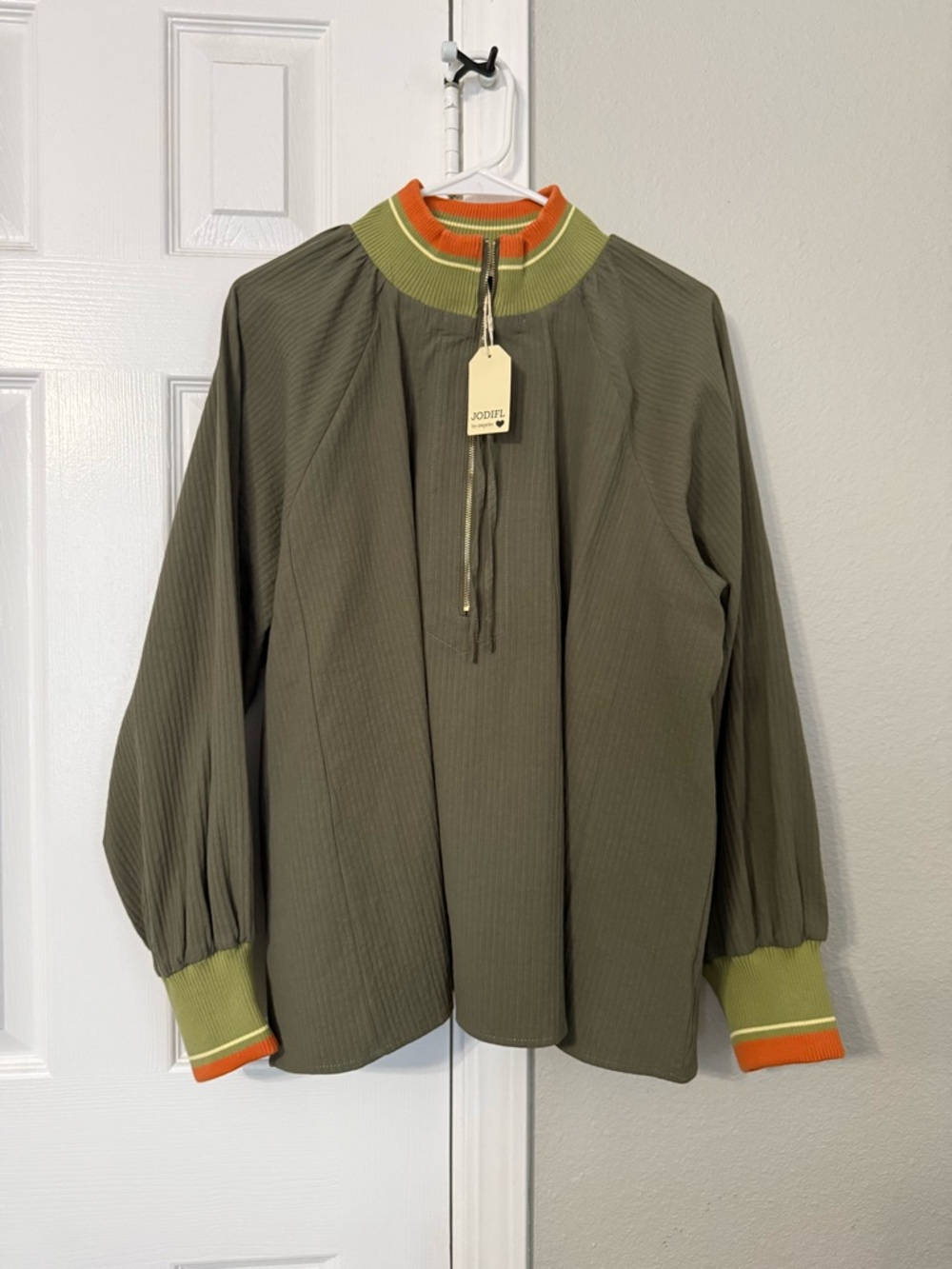 JODIFL Olive Green Blouse with Lime Rib Trim